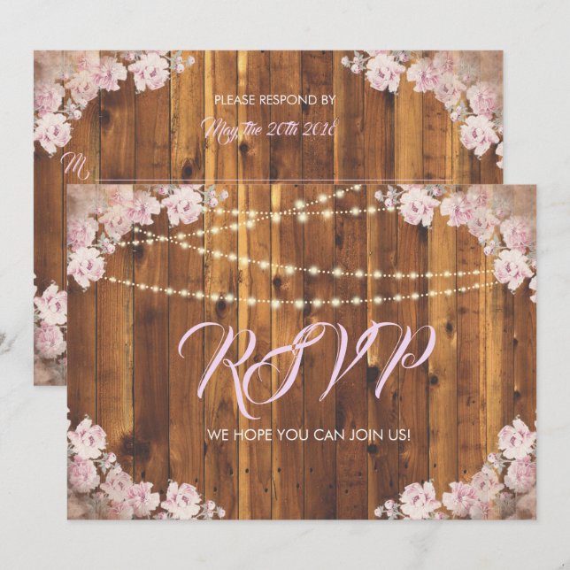 Rustika Strängar av blommor och ljus Trä Svarskort Inbjudningar (Fram/baksida)