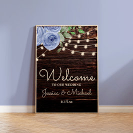 Rustika Strängljus Blå Blommig Bröllop Välkommen Poster