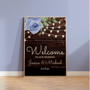 Rustika Strängljus Blå Blommig Bröllop Välkommen Poster