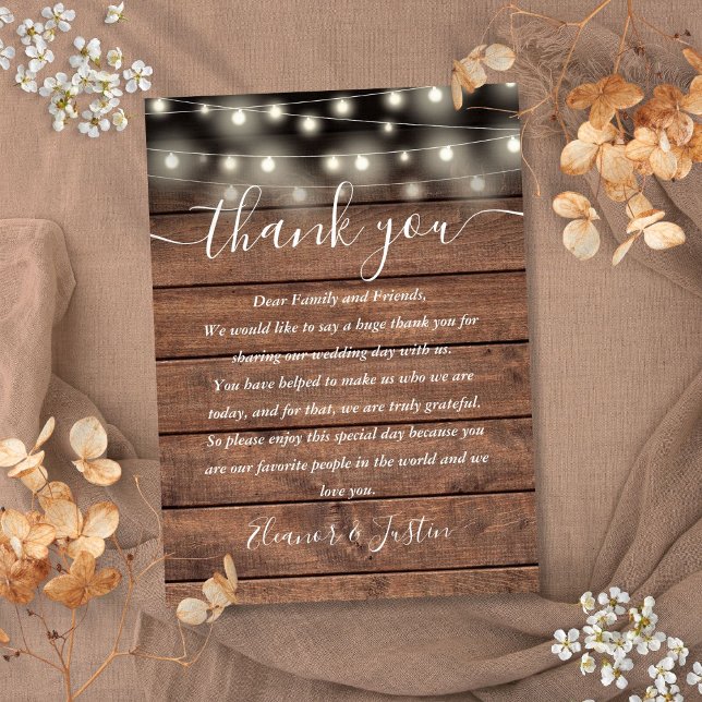 Rustika Strängljus Bröllop Tack Placeringskort (Rustic String Lights Wedding Thank You Place Card)