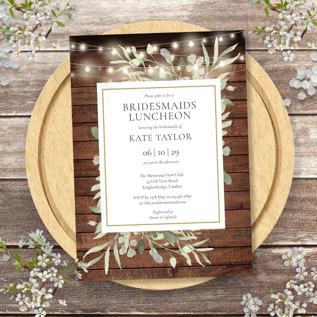 Rustika Strängljus Grönska Brudtjejlunch Inbjudningar (Rustic String Lights Greenery Bridesmaids Luncheon Invitation)