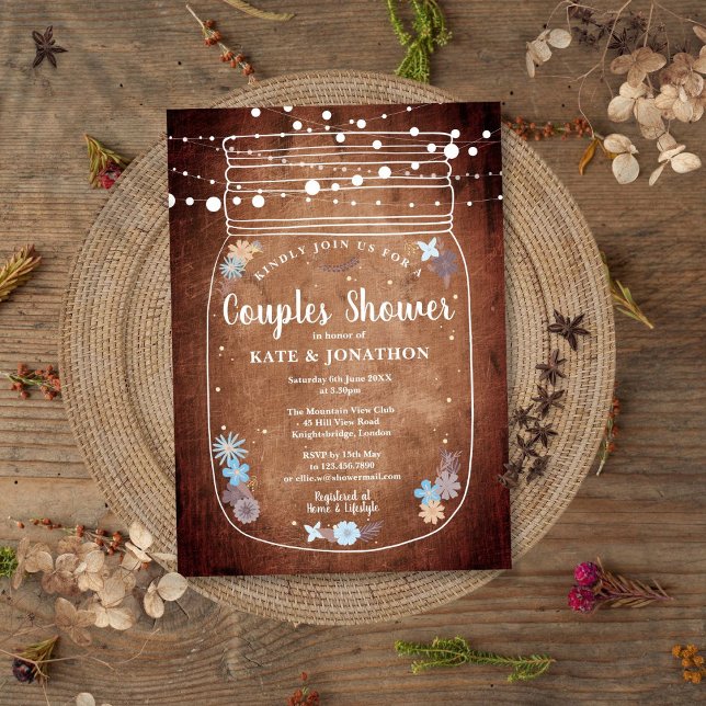 Rustika Strängljus Masonkruka Par Bröllopsdusch Inbjudningar (Rustic String Lights Mason Jar Couples Shower Invitation)