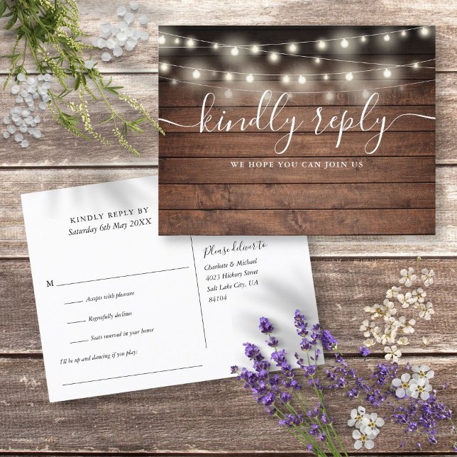 Rustika Strängljus Sångförfrågan RSVP Vykort (Rustic String Lights Song Request RSVP Postcard)