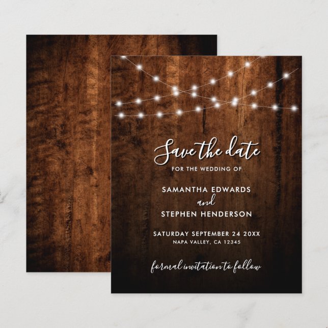 Rustika Strängljus & Trä Bröllop Save The Date (Fram/baksida)