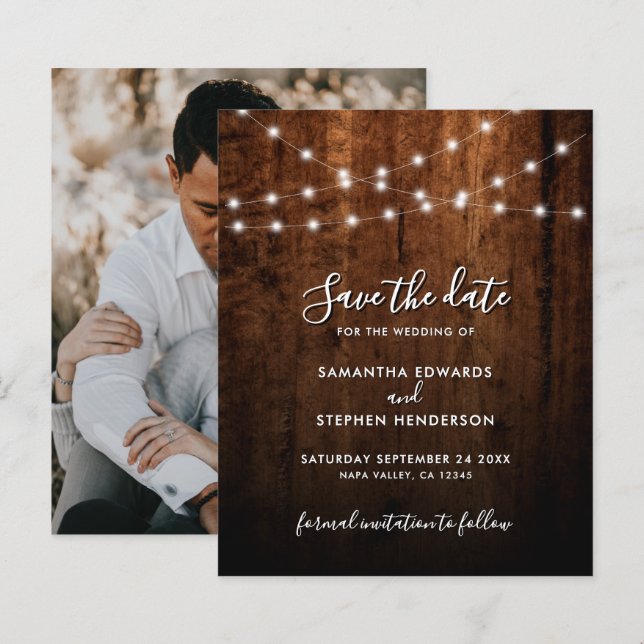 Rustika Strängljus & Trä Bröllop Save The Date (Fram/baksida)