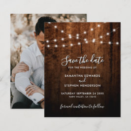 Rustika Strängljus & Trä Bröllop Save The Date