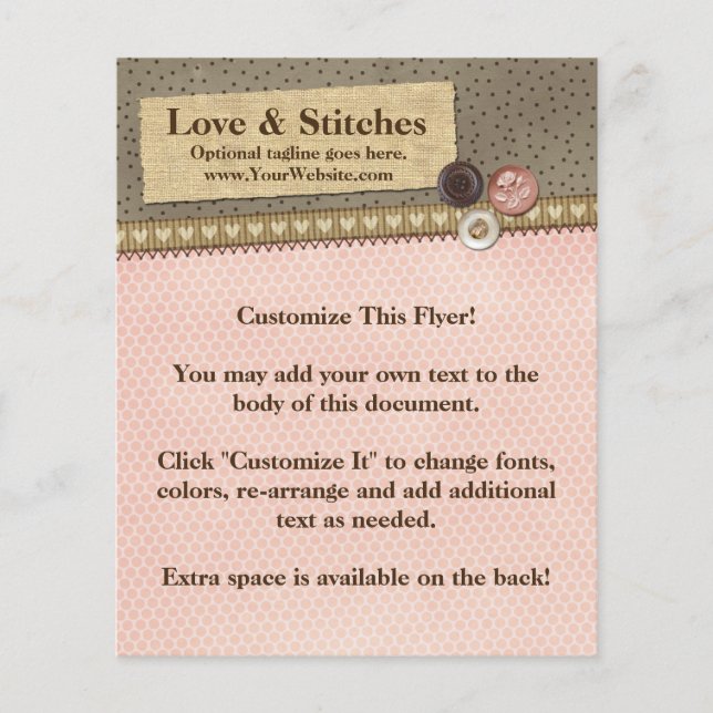 Rustika stygnband och knappar på jute syprojekt flygblad (Framsidan)