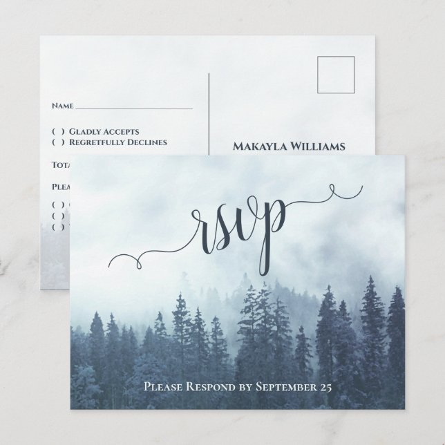 Rustika Tallar av Blå Tall Utomhus Bröllop RSVP Vykort (Fram/baksida)
