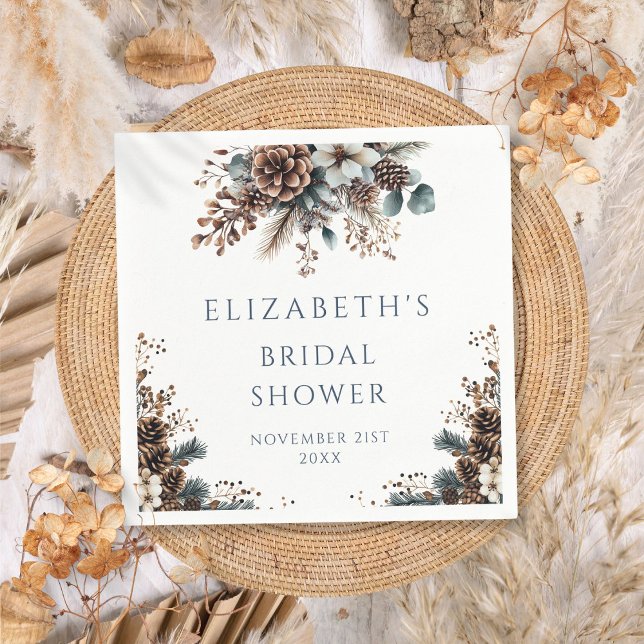 Rustika Tallbarrs Florala Bröllopsdusch  Pappersservett (Rustic Forest Pinecones Floral Bridal Shower Napkins)