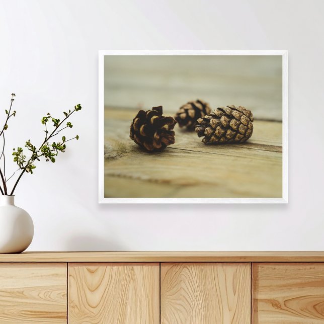 Rustika tallkottar på trä natur stilleben foto poster (Please note: This image is a digital mockup. The product may not be in scale.)