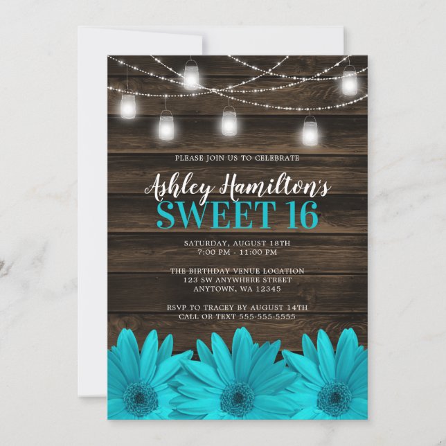 Rustika Teal Daisy Mason Jar Ljuskedjor Sweet 16 Inbjudningar (Framsida)