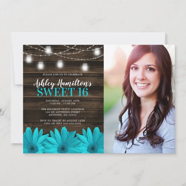 Rustika Teal Daisy Mason Jar Ljusslingar Sweet 16  Inbjudningar (Framsida)
