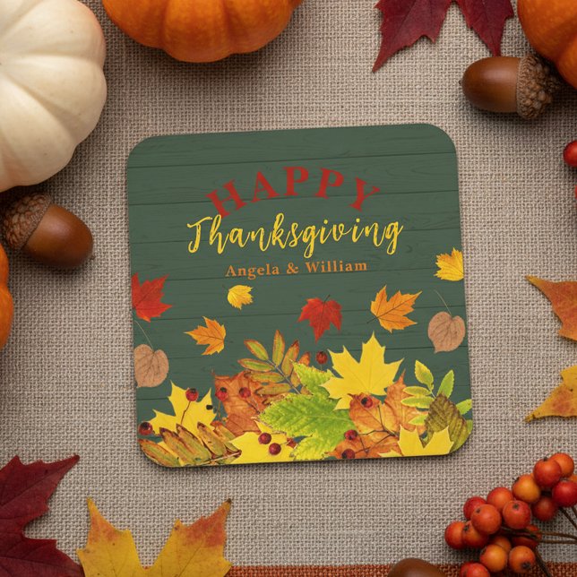Rustika Teal Trä Höstlöv Thanksgiving Middag Underlägg Papper Kvadrat (Skapare uppladdad)