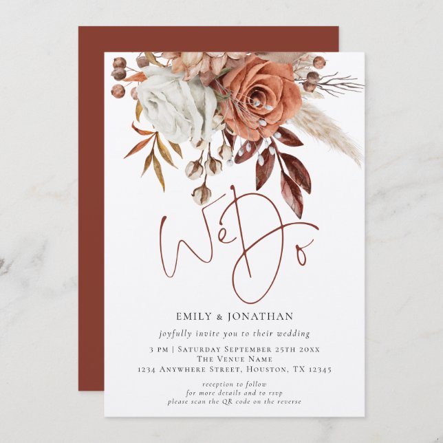 Rustika Terrakotta Blommor Vi Gör QR-kod Bröllop Inbjudningar (Fram/baksida)