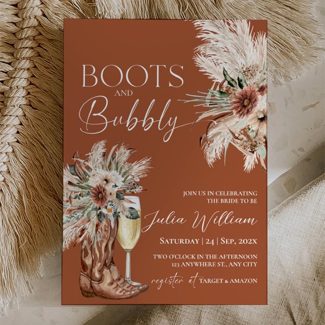 Rustika Terrakottastövlar och Prickig Bröllopsfest Inbjudningar (Rustic Terracotta Boots and Bubbly Bridal Shower Invitation | Western Boho Pampas Grass)
