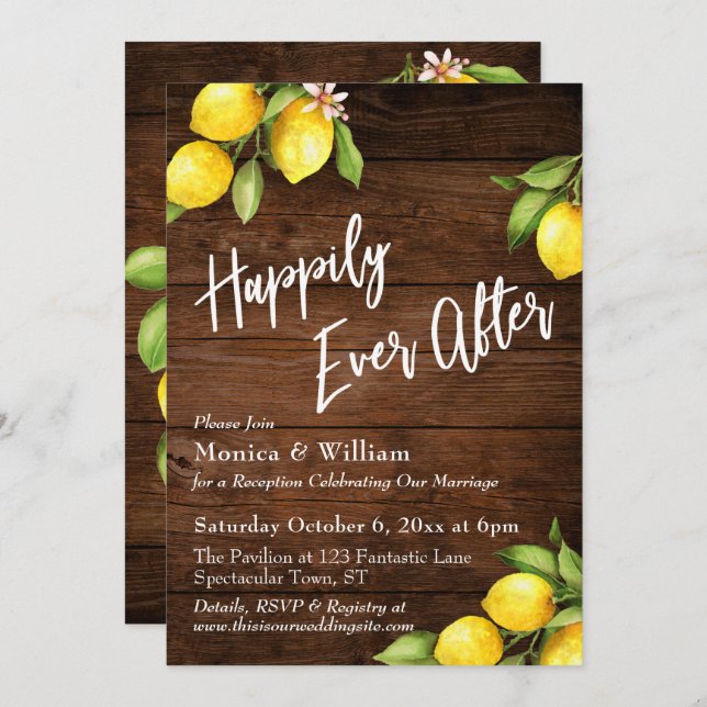 Rustika Trä Akvarell Citroner Lyckliga Slutet Inbjudningar (Fram/baksida)