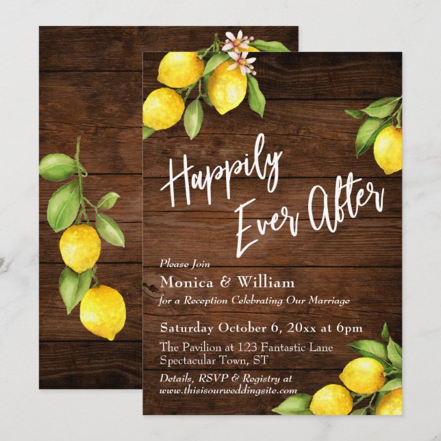 Rustika Trä Akvarell Citroner Lyckligt Alltid Efte Inbjudningar (Fram/baksida)