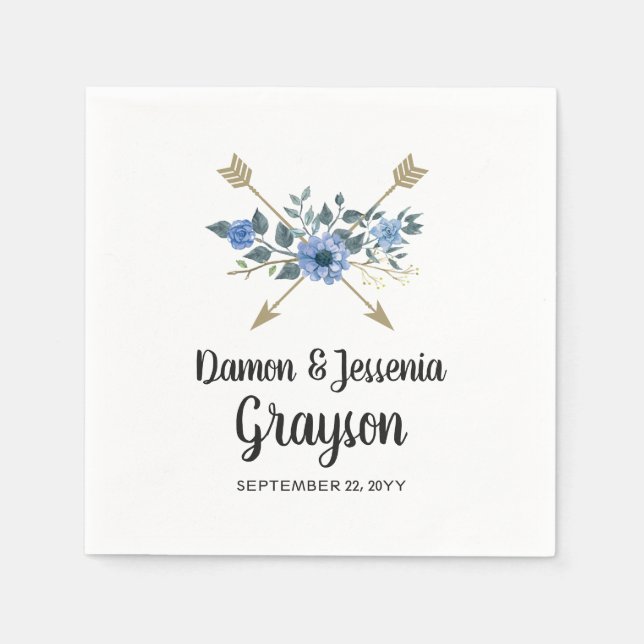 Rustika Trä Boho Pilar & Blå Blommig Bröllop Pappersservett (Framsidan)