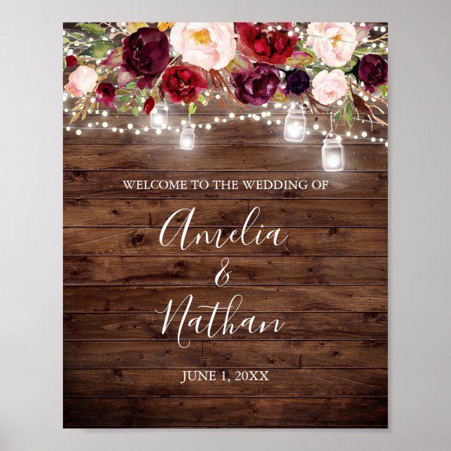 Rustika Trä Burgunder Röda Blommiga Ljus Bröllop Poster (Framsidan)