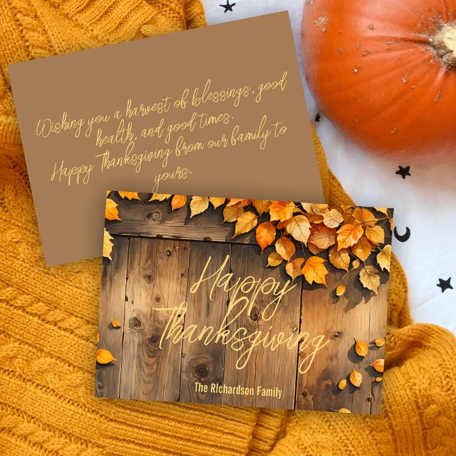Rustika Trä Gula Höstlöv Familj Thanksgiving Julkort (Skapare uppladdad)