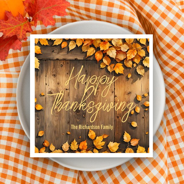 Rustika Trä Gula Höstlöv Glad Thanksgiving Pappersservett (Skapare uppladdad)