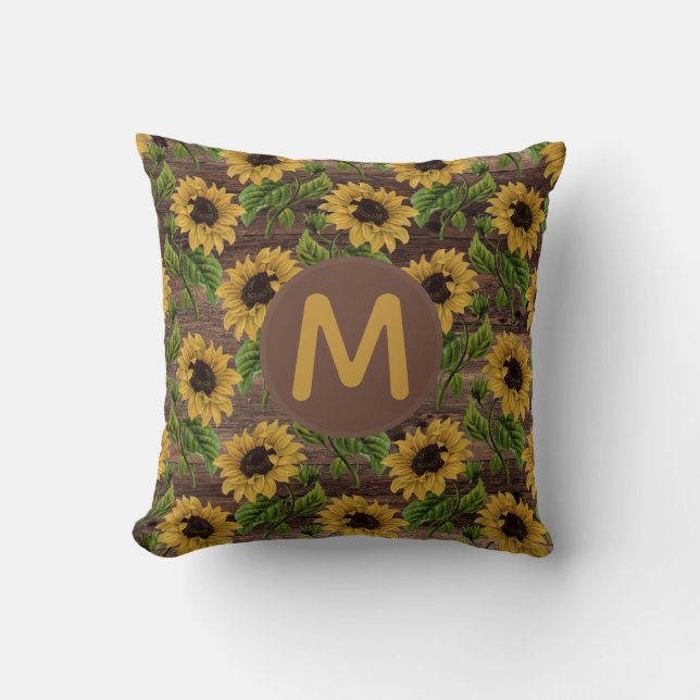 Rustika Trä Gula Solrosor Monogram Kudde (Framsida)