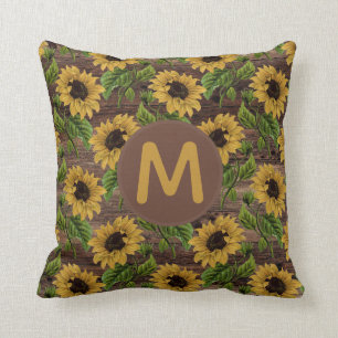 Rustika Trä Gula Solrosor Monogram Kudde