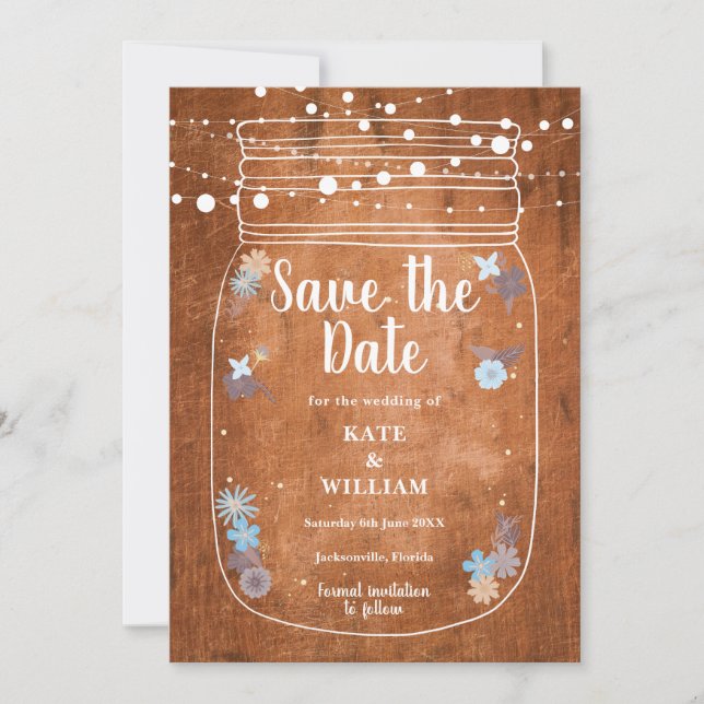 Rustika trä masonkruka strängljus Save the Date Spara Datumet (Framsida)