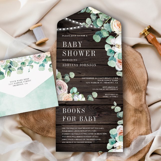 Rustika Trä Mjuka Rosor Eukalyptus Baby Shower (Skapare uppladdad)