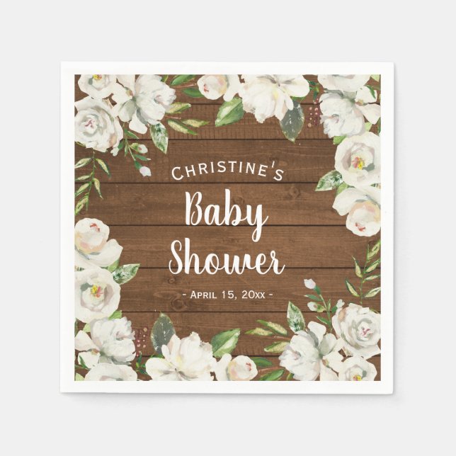 Rustika Trä Neutrala Blommor Baby Shower Strössel Pappersservett (Framsidan)