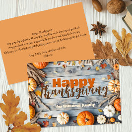 Rustika Trä Orange Pumpa Familj Thanksgiving Julkort