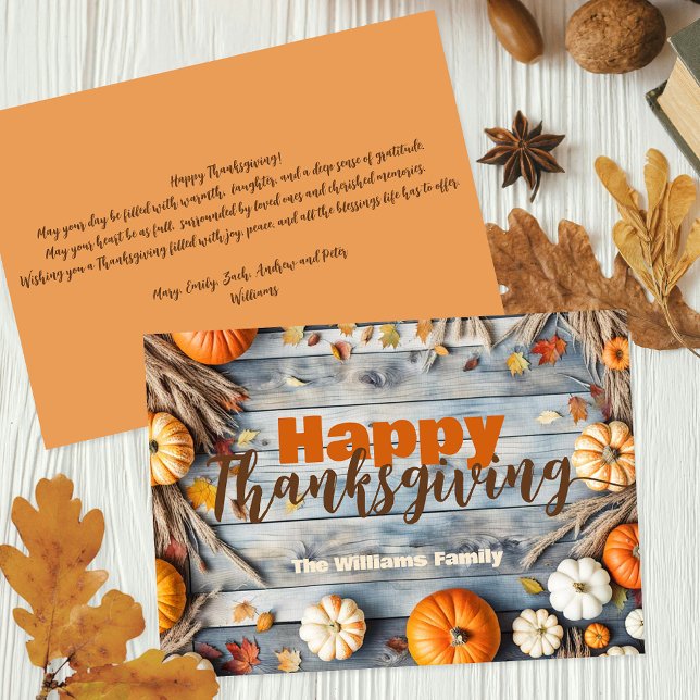 Rustika Trä Orange Pumpa Familj Thanksgiving Julkort (Skapare uppladdad)