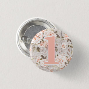 Rustika Trä & Shabby Chic Rosor 1-års Födelsedagsf Knapp