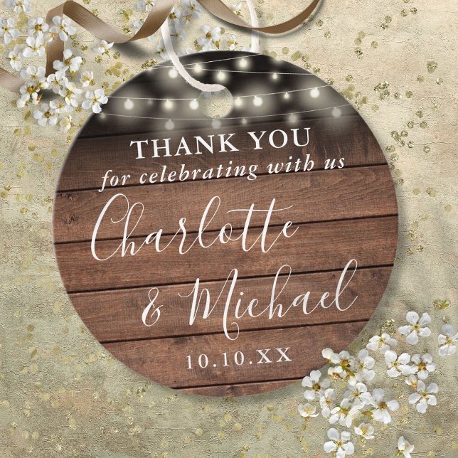 Rustika Trä Strängljus Bröllopsgåva Tack Gåvor Etiketter (Rustic Wood String Lights Wedding Favor Thank You Favor Tags)