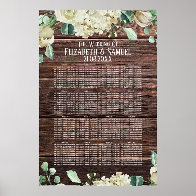 Rustika Trä Vattenfärg Blommor Bröllopsplatser Poster (Framsidan)