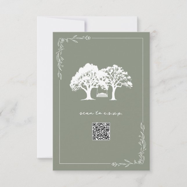 Rustika Träd Sage Grön QR-kod Bröllop RSVP OSA Kort (Framsida)