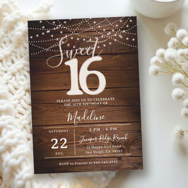 Rustika trädgårdsljus med slinglampa Elegant Sweet Inbjudningar (rustic sweet 16 birthday party invitation barn wood string lights backyard outdoors)