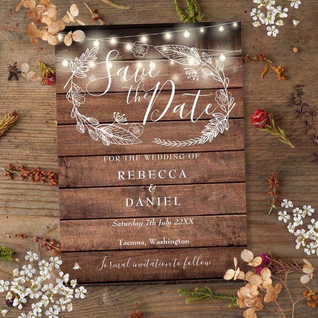 Rustika Trädgårdsljus med Snurra Blommig Bröllop Spara Datumet (Rustic Wood String Lights Floral Wedding Save The Date)