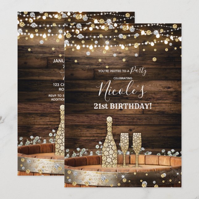 Rustika träfatskronor Champagne Födelsedagsfest Inbjudningar (Fram/baksida)