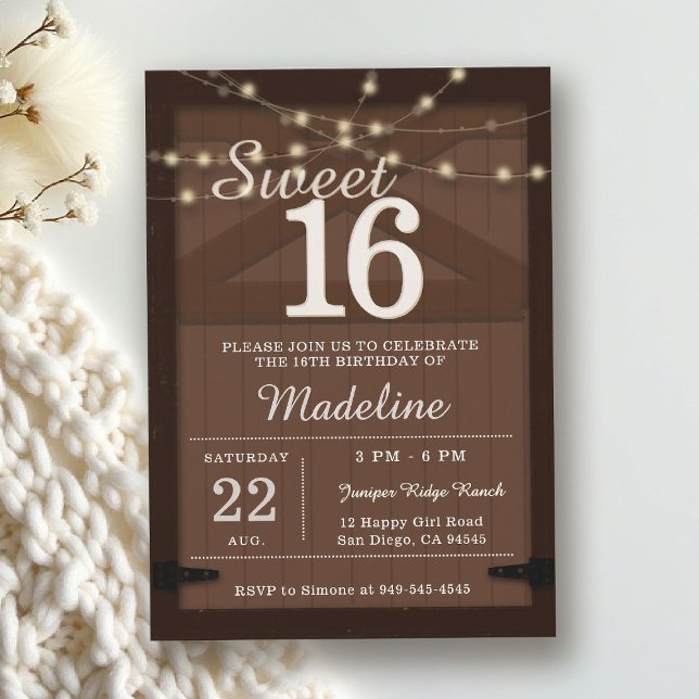 Rustika trälampor med sladd Ladantröskel Brun Söt  Inbjudningar (rustic sweet 16 birthday party invitation brown barn door wood string lights backyard outdoors chic)