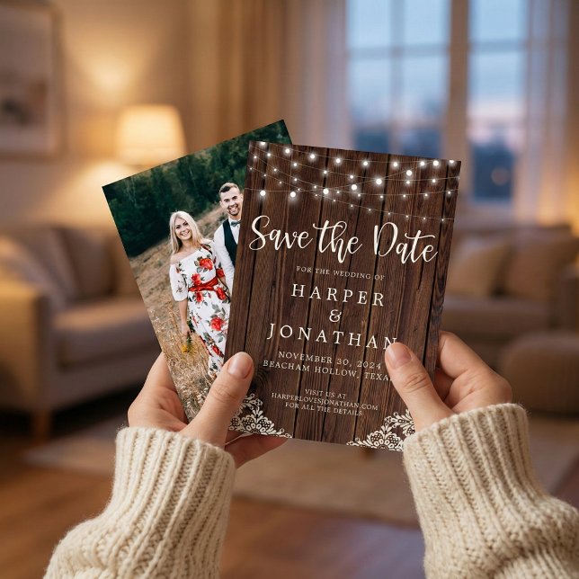 Rustika Trästrängljus Bröllop Spara Datum Datumet (Skapare uppladdad)