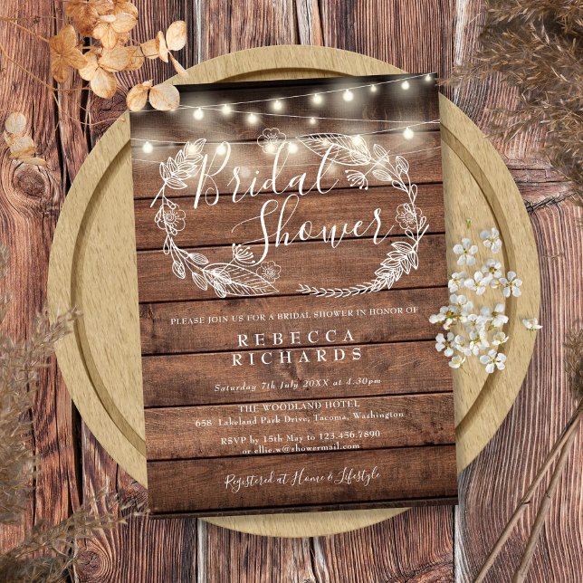 Rustika Trästrängljus Bröllopsdusch Inbjudningar (Rustic Wood String Lights Bridal Shower Invitation)