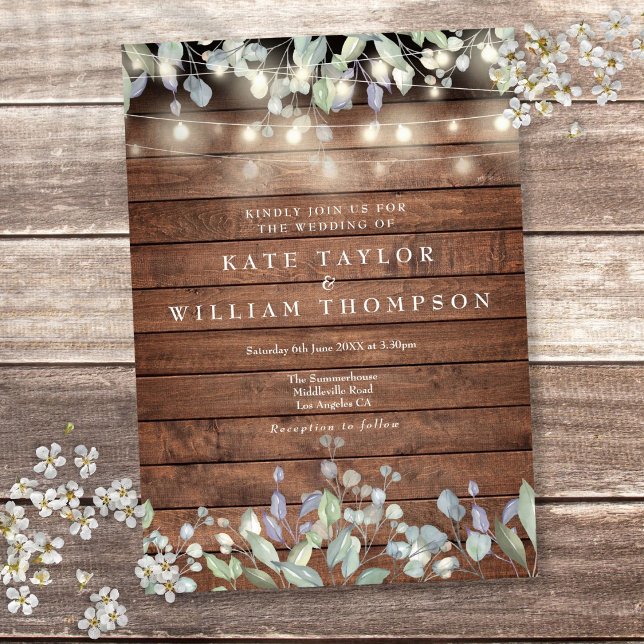 Rustika Trästrängljus Grönska Blommig Bröllop Inbjudningar (Rustic Wood String Lights Greenery Floral Wedding Invitation)