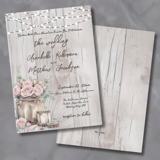 Rustika Trästrängljus Rosor Landsbygdbröllop Inbjudningar (Rustic Wood String Light Roses Country Wedding Invitation)