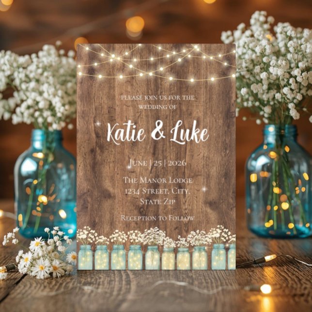 Rustika Trästränglyktor Murkla Babysandblomma Inbjudningar (Rustic wood wedding invite with string lights, mason jars, and baby's breath.)