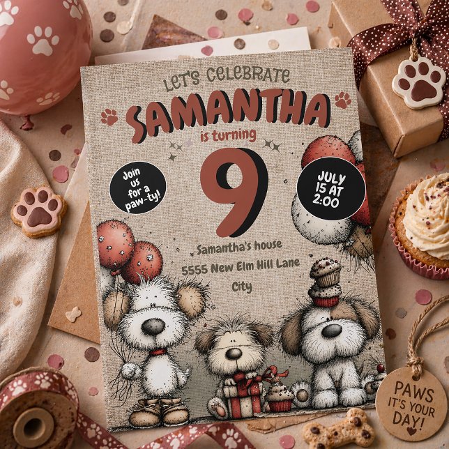 Rustika Valpkalas Flickballonger 9-årsdag Inbjudningar (Cute dogs 9th birthday party invitation for little girls)