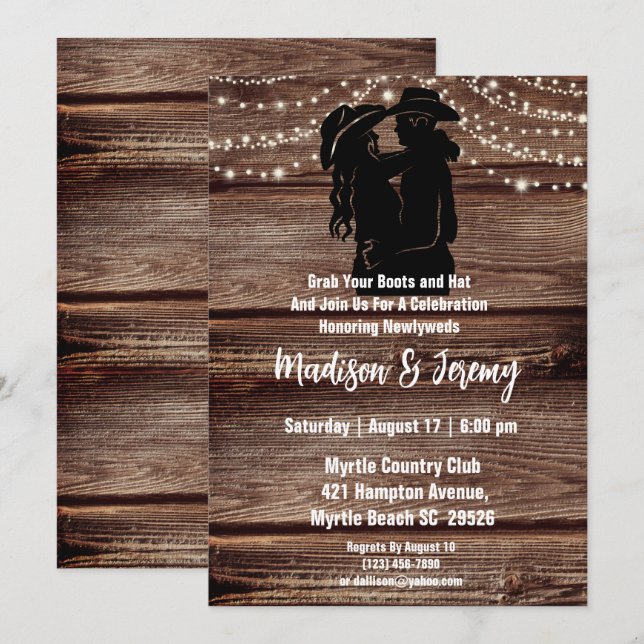 Rustika västerländska silhuettsträngljus Lada Inbjudningar (Fram/baksida)