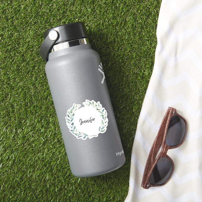 Rustika vattenfärg blad monogram namn skuren dekal (HydroFlask Insitu)