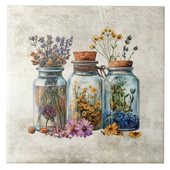 Rustika vattenfärg blommor i krukor  kakelplatta (Framsidan)