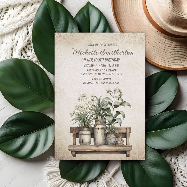 Rustika Växter i Bondgårdsstil 100-årsfirande Inbjudningar (Vintage potted plants 100th birthday party invitation)